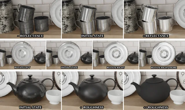 Examples of edited reflectance, orientation, and roughness in a reconstructed kitchen scene