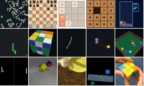 Three-row, five-column mosaic of S2PD-generated games, physical simulations, and real video